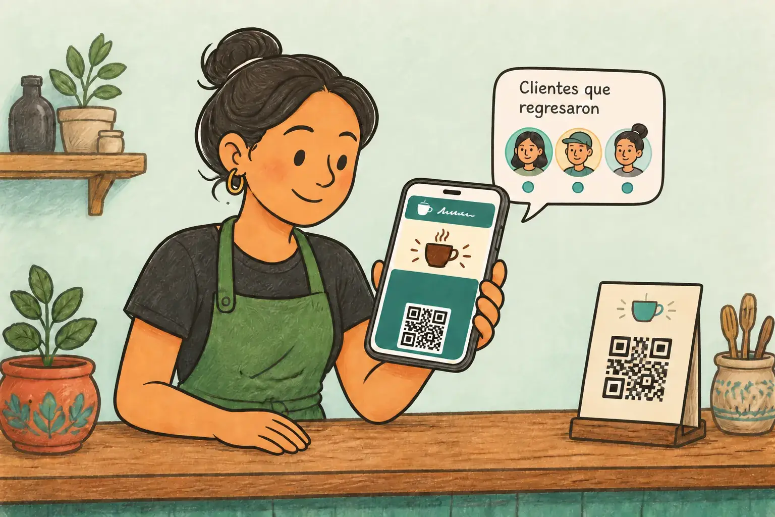 Dueña de una cafetería muestra en su teléfono la tarjeta de lealtad de un cliente, junto a un QR en el mostrador y un recuento de clientes que regresaron