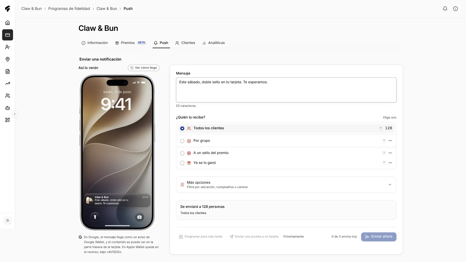 El panel de Fidly enviando una notificación: el mensaje escrito, a quién le llega, el botón de enviar, y la vista previa de cómo le aparece al cliente en la pantalla de su teléfono